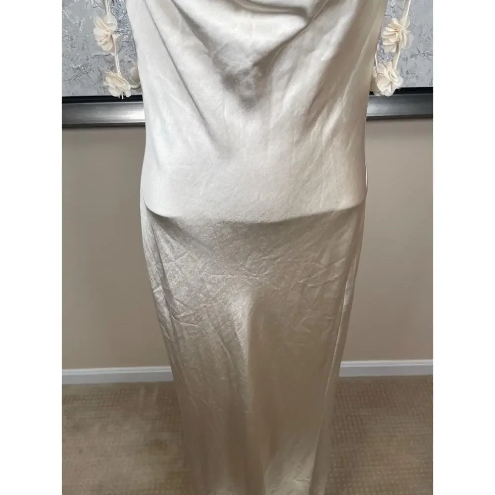 SELF-PORTRAIT Satin Flower Floral Champagne Off the Shoulder Maxi Dress Size 2 - Picture 7 of 13